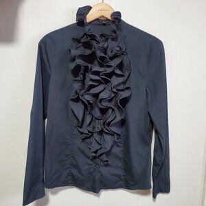 ESCADA Ruffle Button Down Shirt Top Stretch Cotton Black Women's 40, Medium